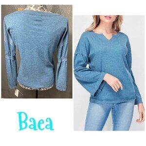 BAEA Flare Sleeve T-shirt Denim Blue thermal flare sleeves ruffle bands. Size M